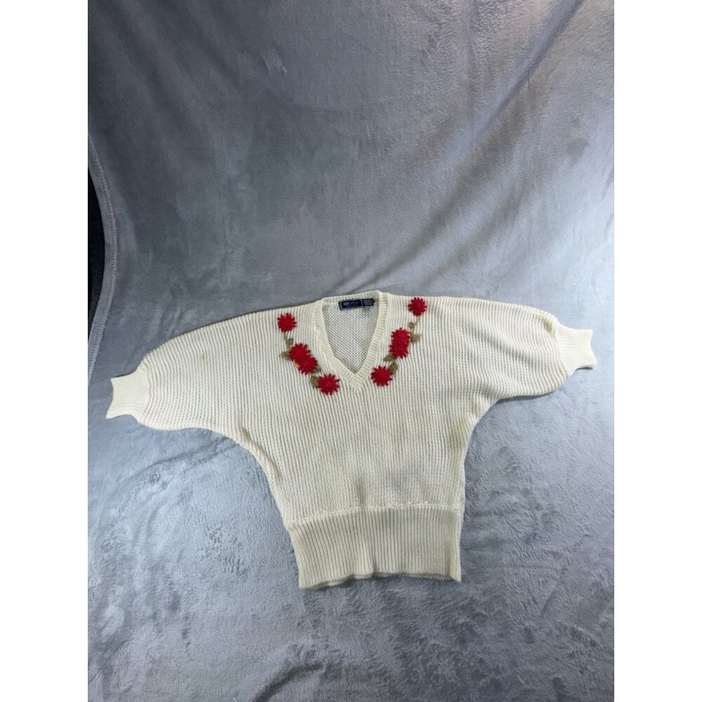 Vintage Beewear blouse Women's Medium off white w/Red Floral Embroidery knit